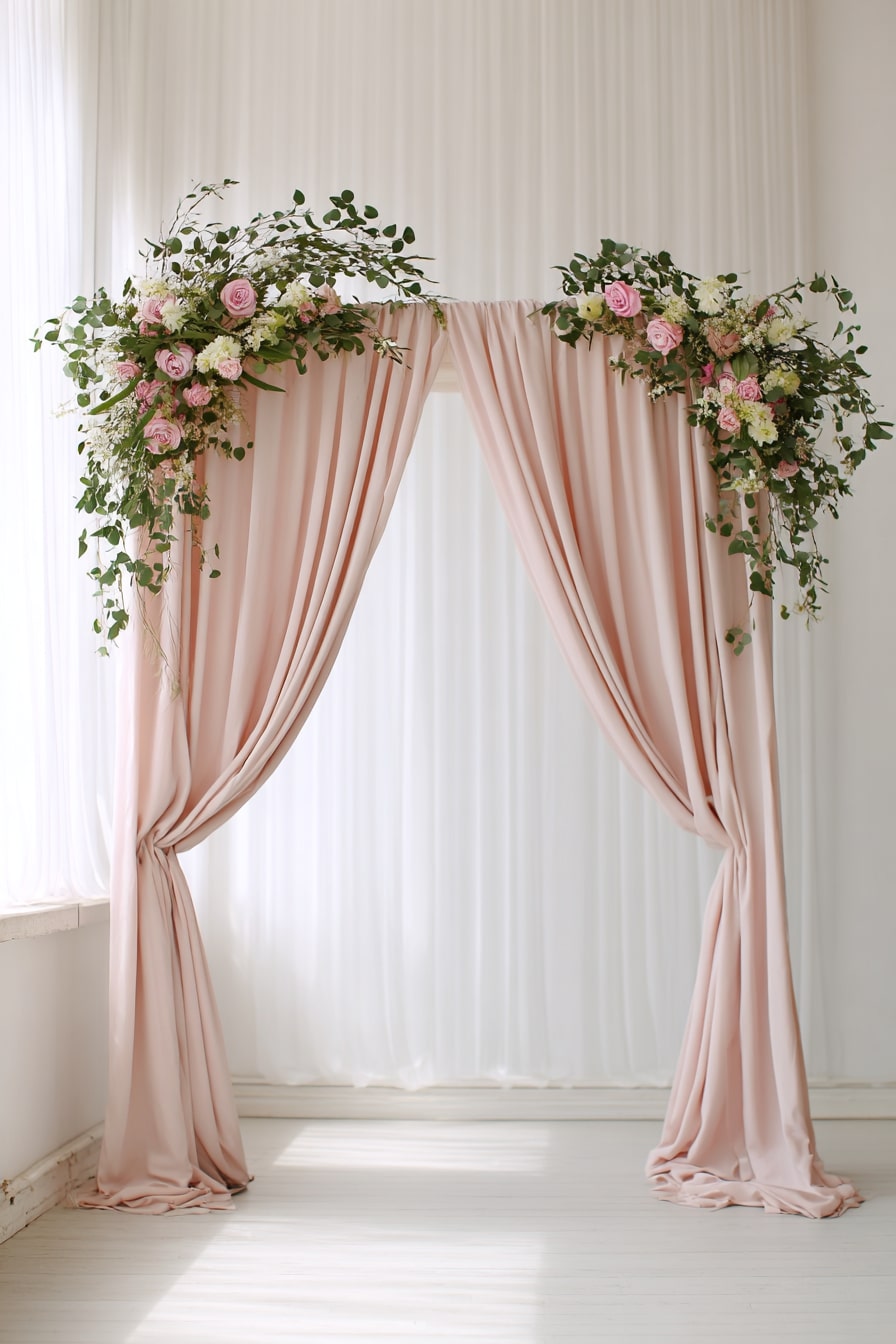 Soften a Ceremony Backdrop with Draped Blush Panels and Loose Florals
