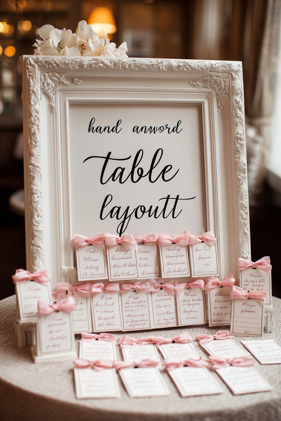 Tie Pink Satin Bows on Escort Cards for a Delicate Welcome