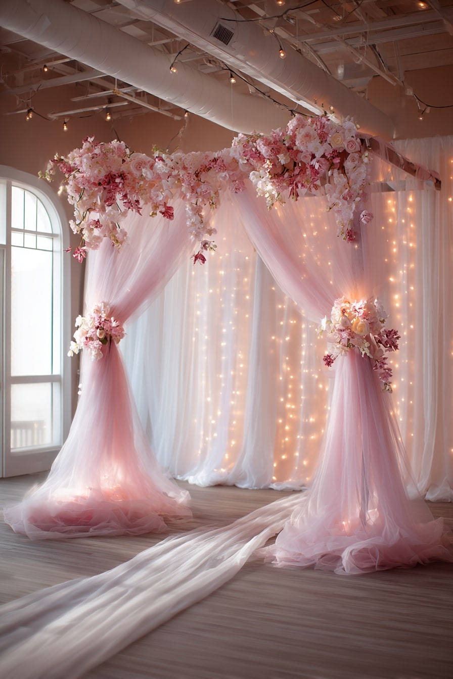 Drape Pink Tulle with Fairy Lights for a Dreamy Indoor Arch