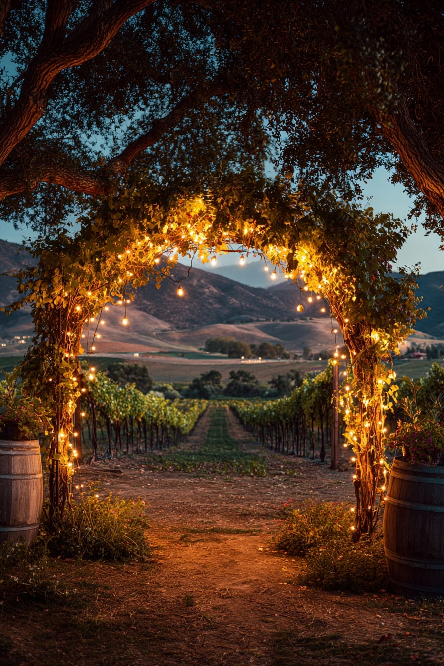 Vine Arch with Twinkle Lights for Sunset Drama