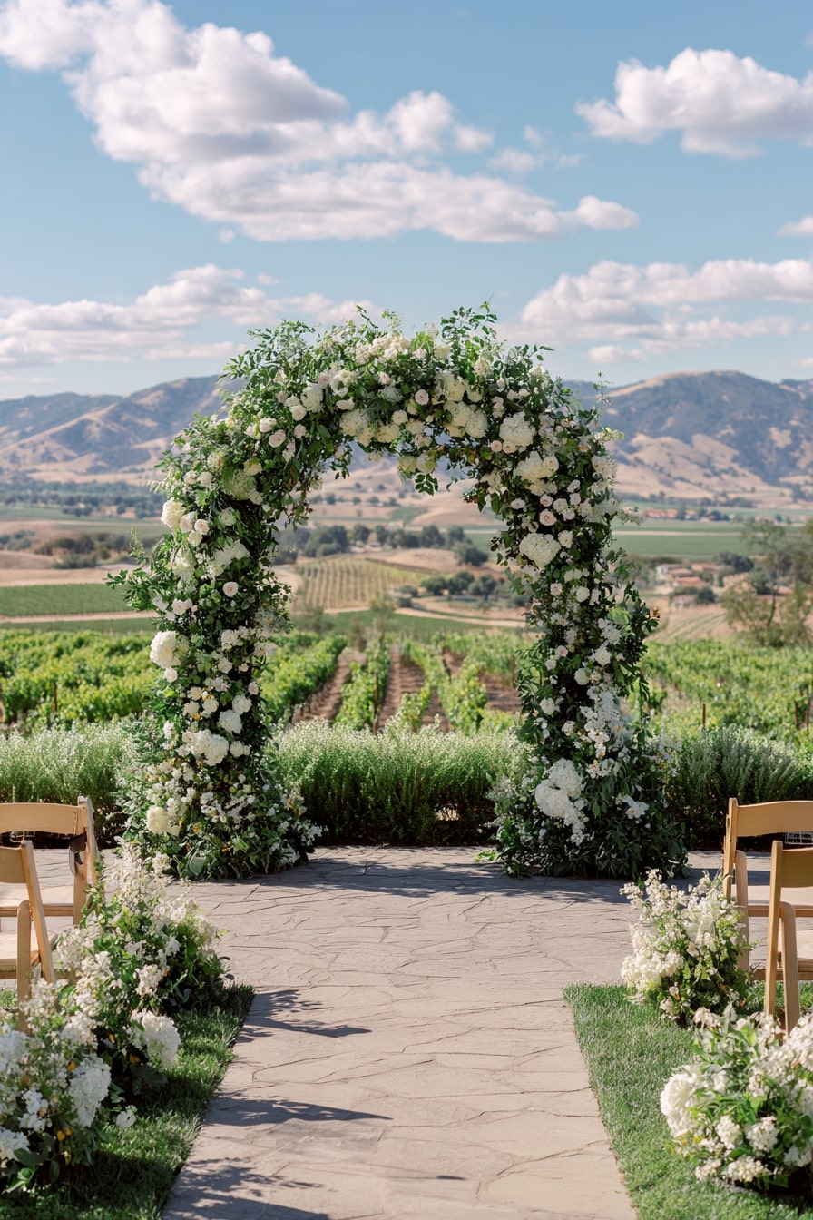 Lush Floral Arch Over Vine Rows