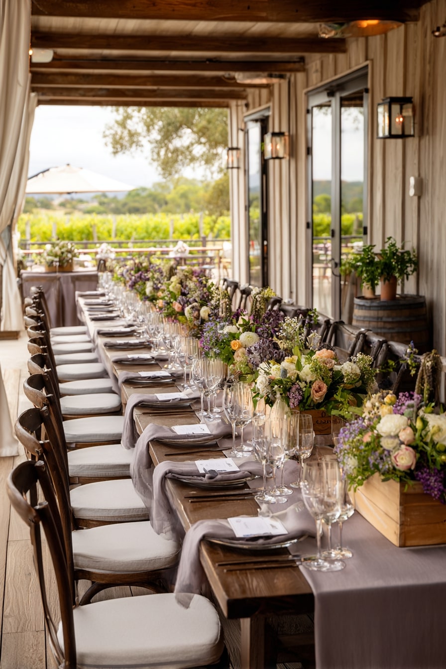 Soft Linens Across Long Farm Tables