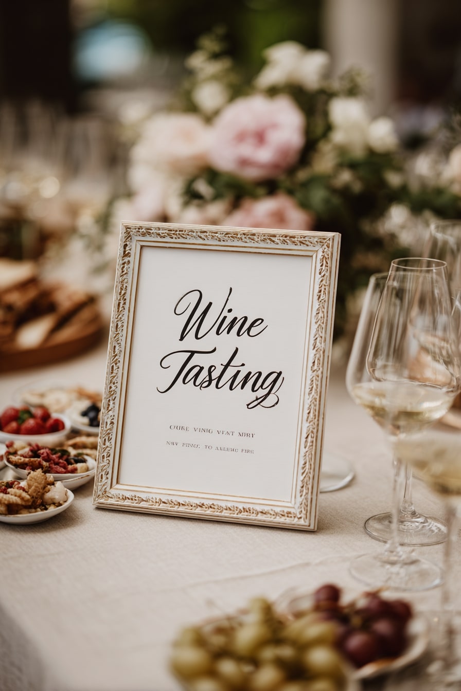 Wine Tasting Station with Framed Signage and Paired Bites